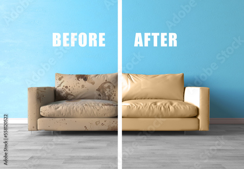 Before and after cleaning sofa. Blue soft sofa dirt stains. Sofa straight view, dirty half and clean half. Concept for a cleaner, dry cleaning, cleaning company, 3d illustration
