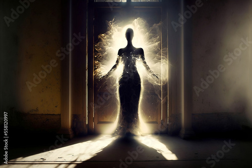 Abstract of woman silhouette with inner beauty shining through her body as pure energy. Generative AI, this image is not based on any original image, character or person.