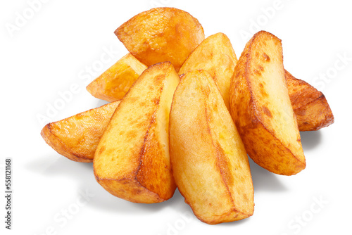 Potato wedges. Pile of quartered baked fried potatoes or potato chips isolated png