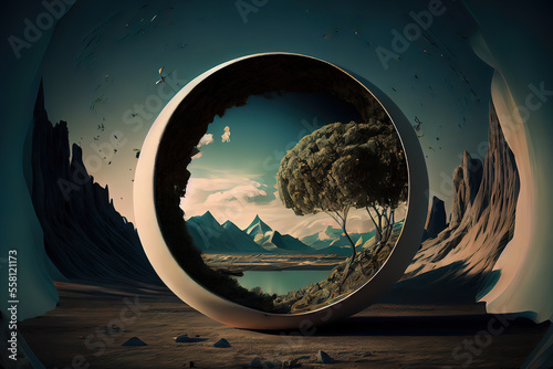 A fantastic spherical portal on an alien planet  amazing nature. Surreal bright color and background. Gen Art