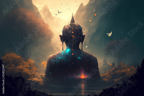 Tranquil abstract statue sitting in a lake with mountains and birds. Generative AI, this image is not based on any original image, character or person.