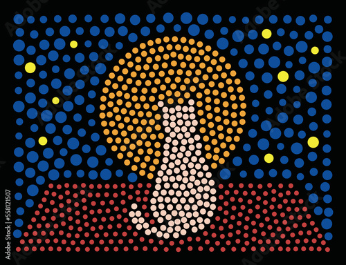 landscape of cat on the roof at night made with dots