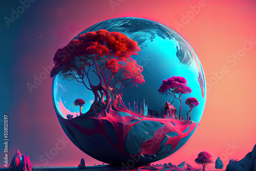 A fantastic spherical portal on an alien planet with trees, water, planets. Surreal background. Gen Art