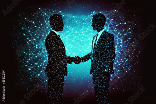 Generative Ai of business men holding hands and connection dots in the background. 