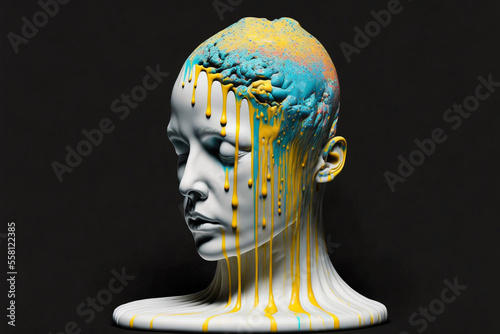 Head of a mannequin with paint pouring from the top. 