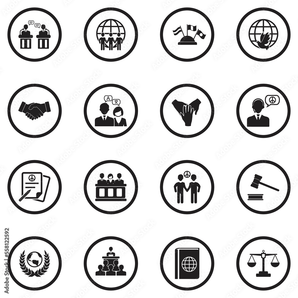 Diplomacy Icons. Black Flat Design In Circle. Vector Illustration.