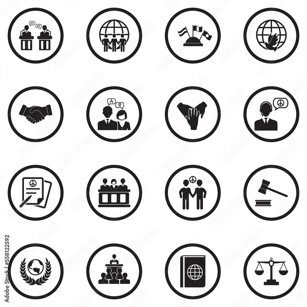 Diplomacy Icons. Black Flat Design In Circle. Vector Illustration. Diplomacy Icons. Black Flat Design In Circle. Vector Illustration.