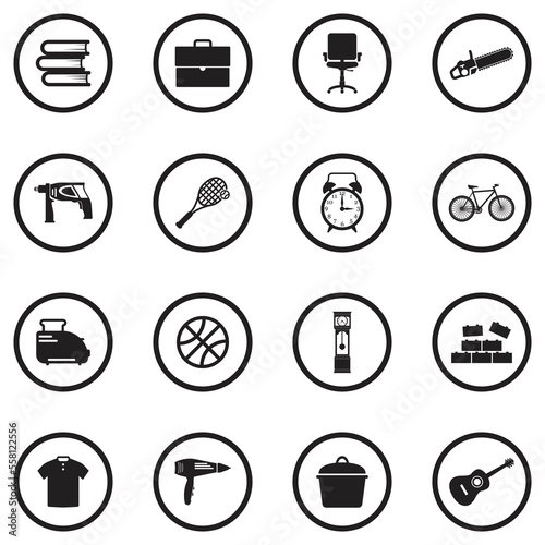 Garage Sale Icons. Black Flat Design In Circle. Vector Illustration.