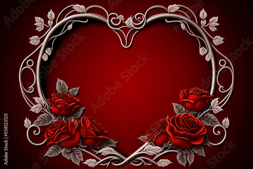 silver frame in heart shape with roses on a red background. Generative AI