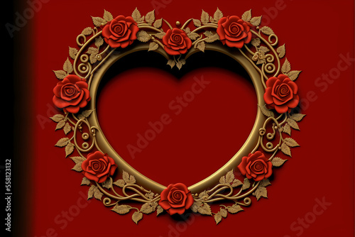 golden frame in heart shape with roses on a red background. Generative AI