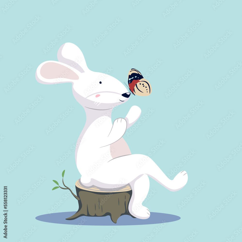 A white rabbit is sitting on a stump, a butterfly is flying near it. Vector illustration with cartoon rabbit character. Isolated on blue background A white rabbit is sitting on a stump, a butterfly is flying near it. Vector illustration with cartoon rabbit character. Isolated on blue background