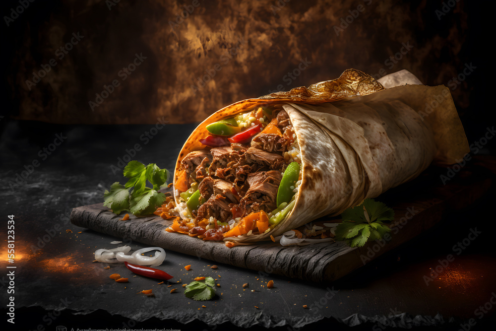 Big shawarma kebab fried on fire. Street food. Sandwich gyro fresh roll