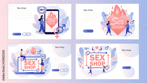 Online sex shop. Female and male sex symbol. Adult store. Erotic concept. Screen template for landing page, template, ui, web, mobile app, poster, banner, flyer. Vector illustration © Marta Sher