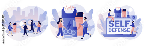 Self defense. Electric shock, pepper spray, brass knuckle, knife. Tiny people arming against bandits and hooligans. Modern flat cartoon style. Vector illustration on white background
