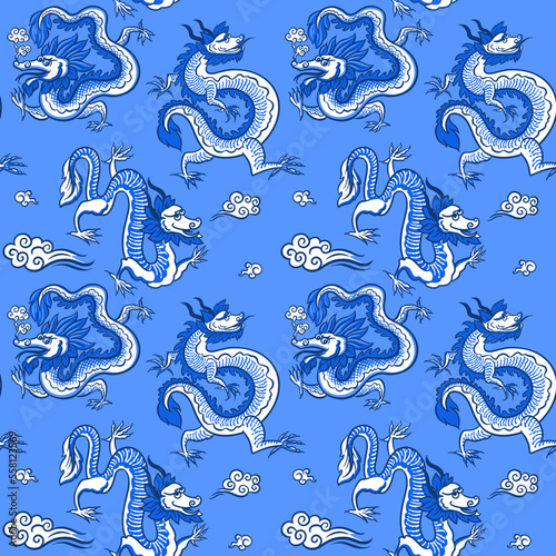 Chinese dragon in the sky. Seamless vector pattern with hand drawn illustrations with chinoiserie toile theme. 
