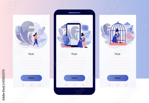Inner fears concept. Phobias, anxiety, panic attack. Psychology, solitude, fear or mental health problems, depression. Screen template for mobile, smartphone app. Modern flat cartoon style. Vector 