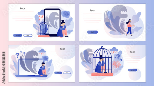 Inner fears concept. Phobias, anxiety, panic attack. Psychology, solitude, fear or mental health problem. Screen template for landing page, template, ui, web, mobile app, poster, banner, flyer. Vector