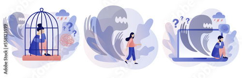 Inner fears concept. Phobias, anxiety, panic attack. Psychology, solitude, fear or mental health problems, depression. Modern flat cartoon style. Vector illustration on white background