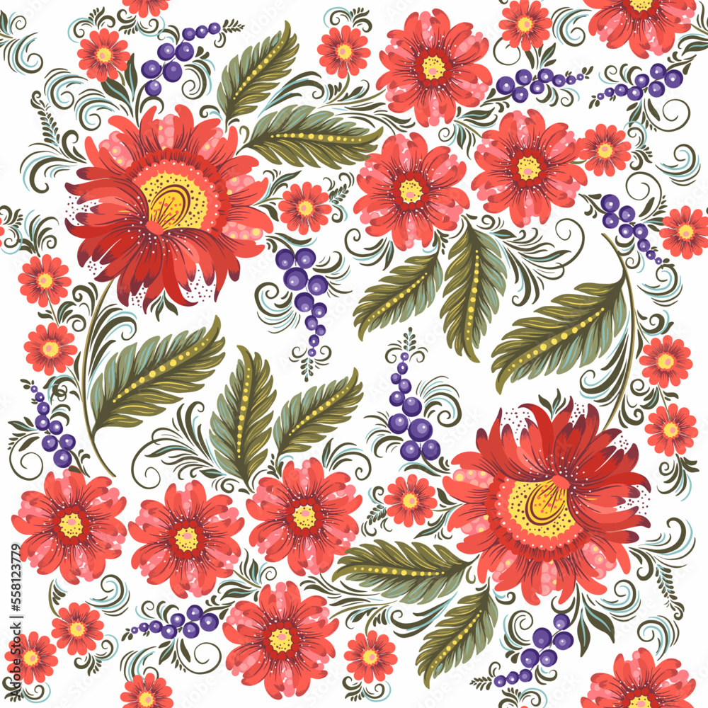 Fantasy ethnic folk style painting with floral ornaments. Seamless vector pattern with flowers and berries
