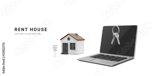 3d realistic online booking banner. Mobile application for book hotel, accommodation or apartment for vacation in cartoon style. Landing page of online rent reservation. Vector illustration