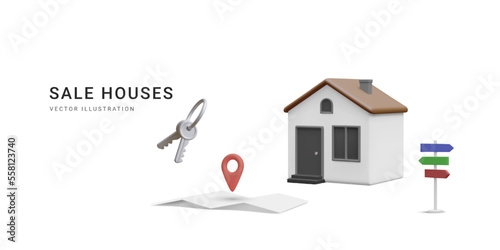 3d realistic banner with home, bunch of keys and street sign isolated on white background. Real estate agency, sale house concept. House icon in cartoon minimal style. Vector illustration