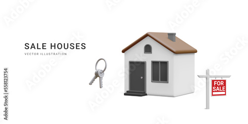 3d realistic banner with home, bunch of keys and street sign isolated on white background. Real estate agency, sale house concept. House icon in cartoon minimal style. Vector illustration