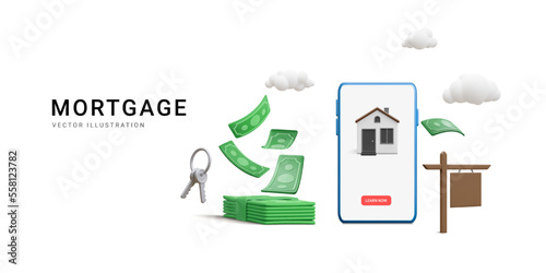 3d realistic concept buying home with mortgage and paying credit to bank. House Loan, Rent and Mortgage Concept. Invest money in real estate property in cartoon style. Vector illustration