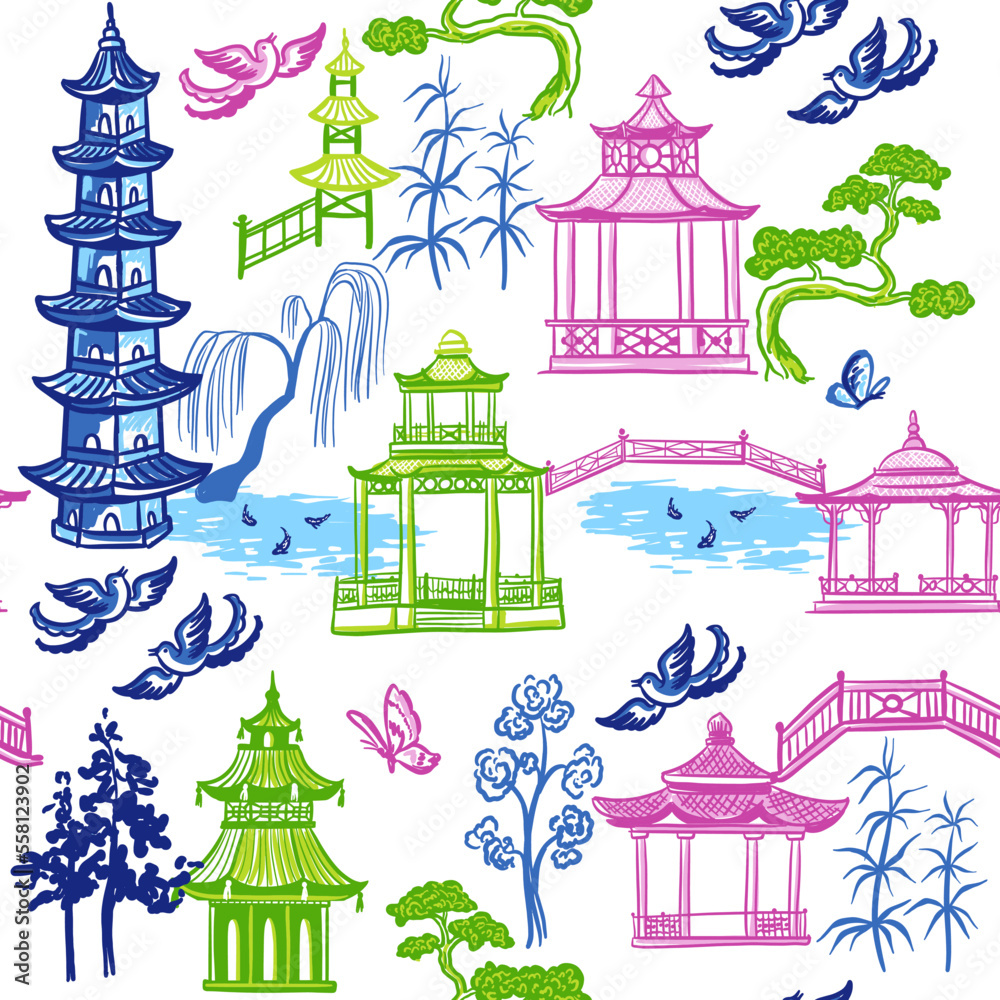 Pagodas and trees. Seamless vector pattern with hand drawn sketch illustrations with chinoiserie theme
