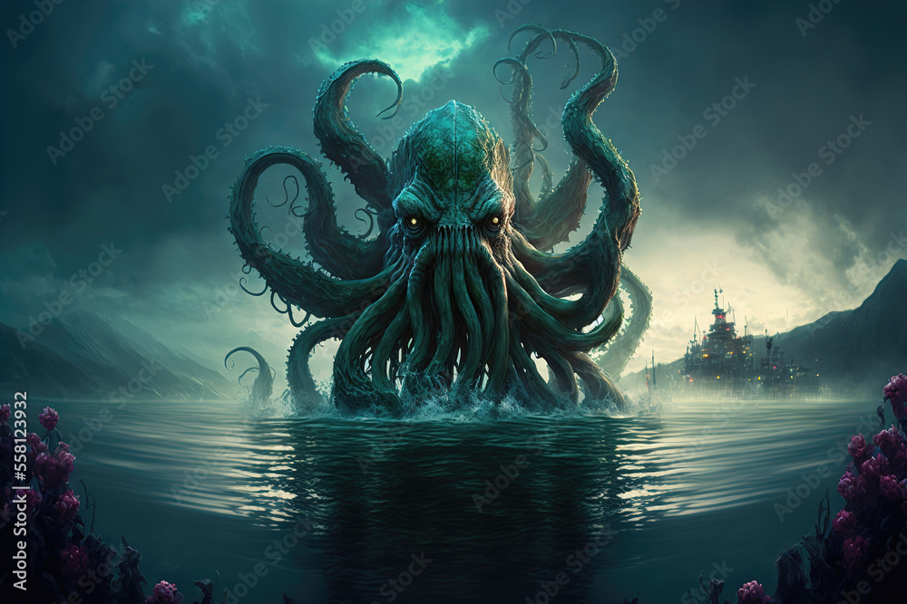 Mysterious monster Cthulhu in the sea, huge tentacles sticking out of the  water, landscape. 3d illustration Stock Illustration