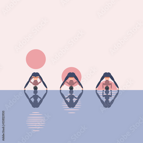 Sports support health and spiritual harmony, yoga three poses on the street near the water with shadows in the west.