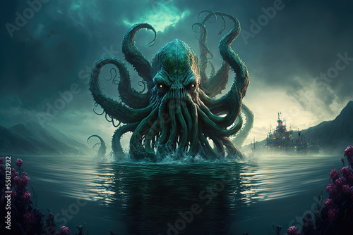 Mysterious monster Cthulhu in the sea, huge tentacles sticking out of the water, landscape. 3d illustration photo