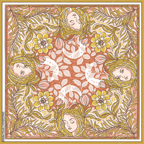 Silk scarf temptate with flowers, leaves and girls faces. Hand drawn outline illustrations in art nouveau style 