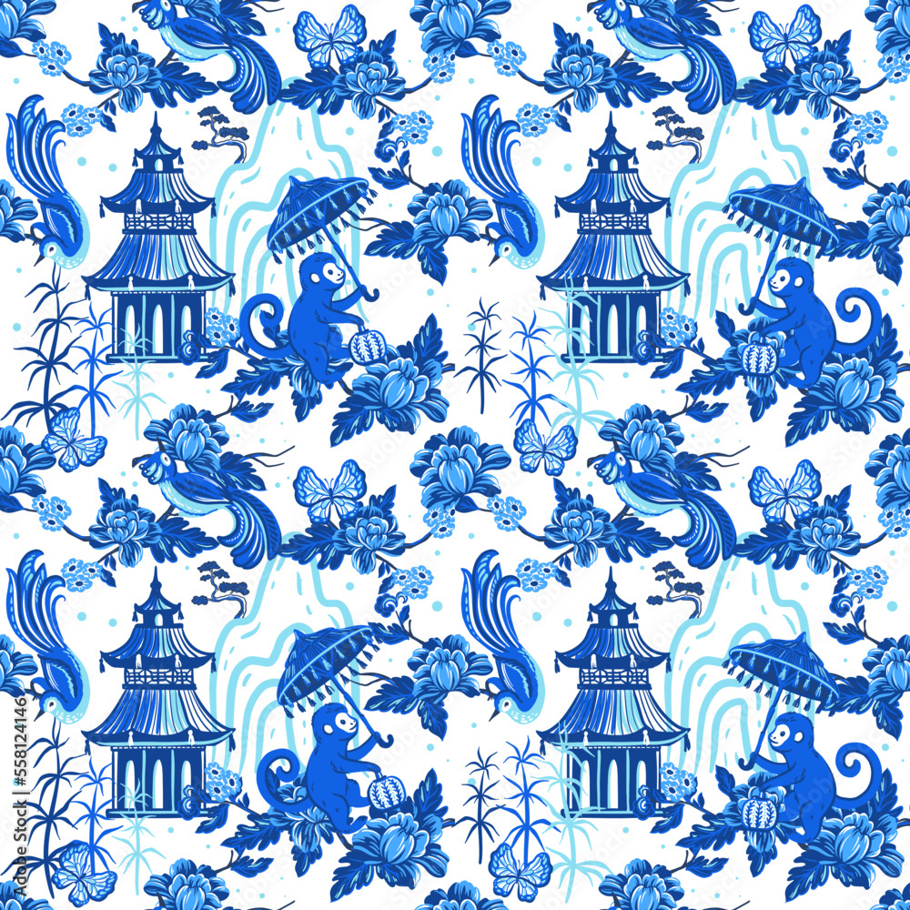 Monkey with umbrella and pagodas. Seamless pattern with hand drawn illustrations with chinoiserie theme
Monkey with umbrella and pagodas. Seamless pattern with hand drawn illustrations with chinoiserie theme