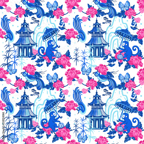 Pagodas, monkeys, birds, butterflies and blooming branches with flowers. Seamless pattern with vector hand drawn illustrations with chinoiserie theme

