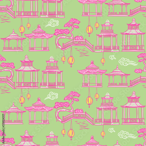 Chinese pagodas in the valley. Seamless vector pattern with hand drawn illustration in chinoiserie style
