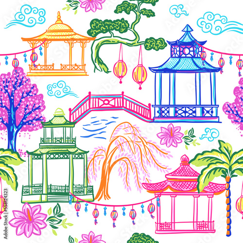 Pagodas and trees. Seamless vector pattern with hand drawn sketch illustrations with chinoiserie theme
