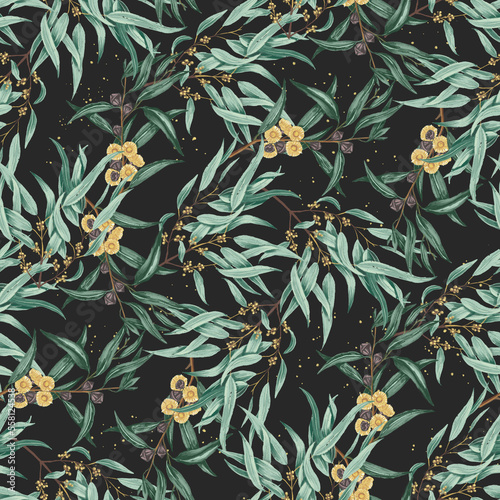 Green foliage - eucalyptus branches and flowers. seamless pattern with hand drawn illustrations of plants