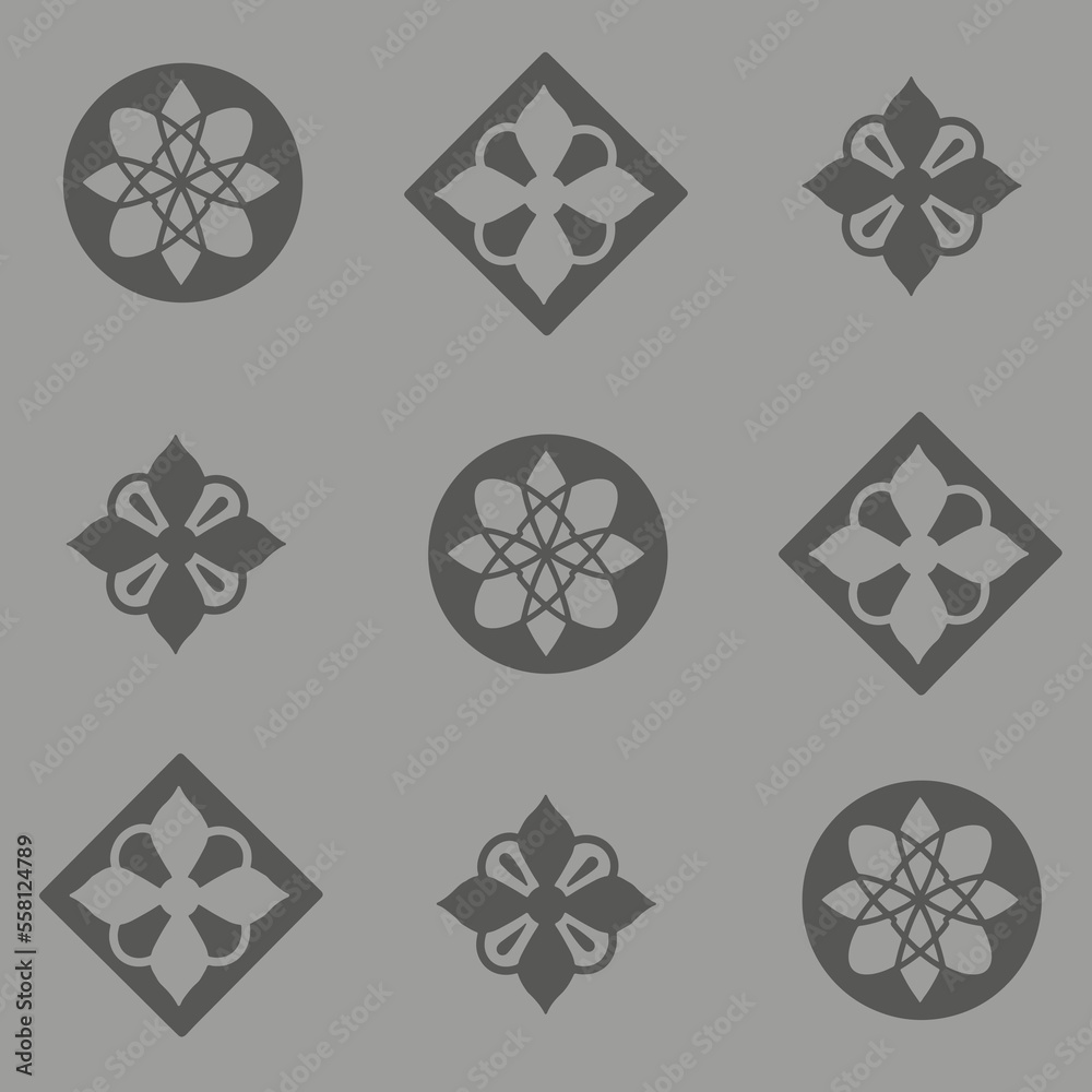 Square and circle geometrical icons with floral elements, seamless pattern with hand drawn vector illustrations Square and circle geometrical icons with floral elements, seamless pattern with hand drawn vector illustrations