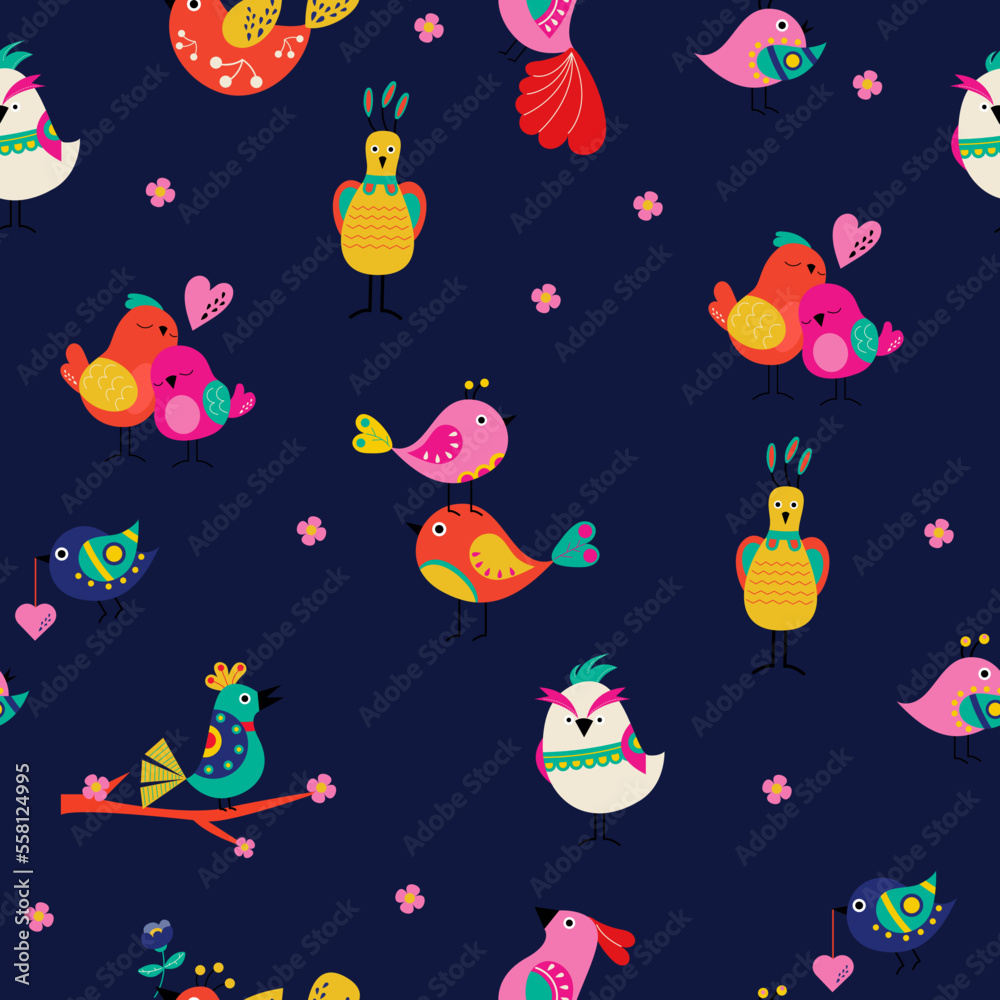 Seamless pattern of cartoon birds. Vector