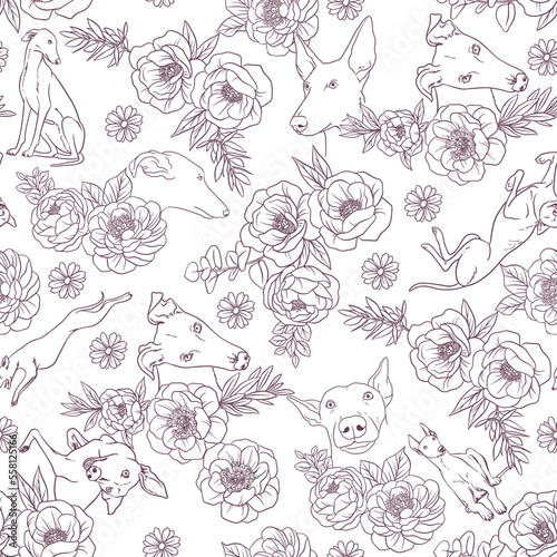 Wallpaper Mural Blossom peonies and dogs. Seamless pattern with vector outline illustrations
 Torontodigital.ca
