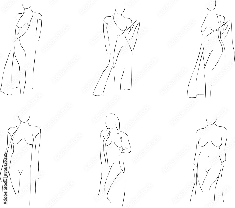 Set of line female body dress nude