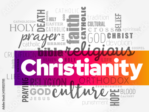 Christianity is an Abrahamic monotheistic religion based on the life and teachings of Jesus of Nazareth, word cloud concept background
