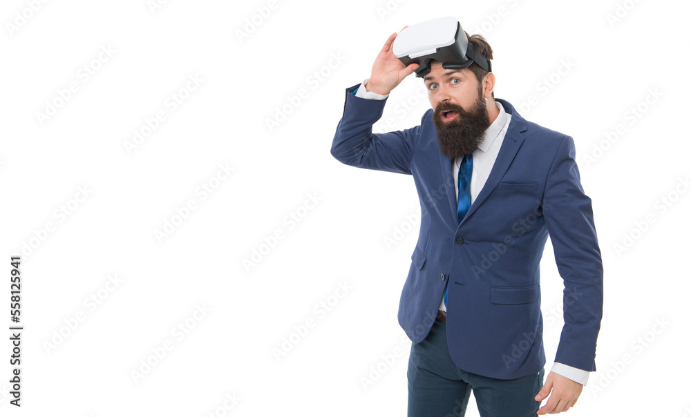 business man amazed of virtual reality wear vr glasses isolated on white. virtual reality business. business man amazed of virtual reality wear vr glasses isolated on white. virtual reality business.