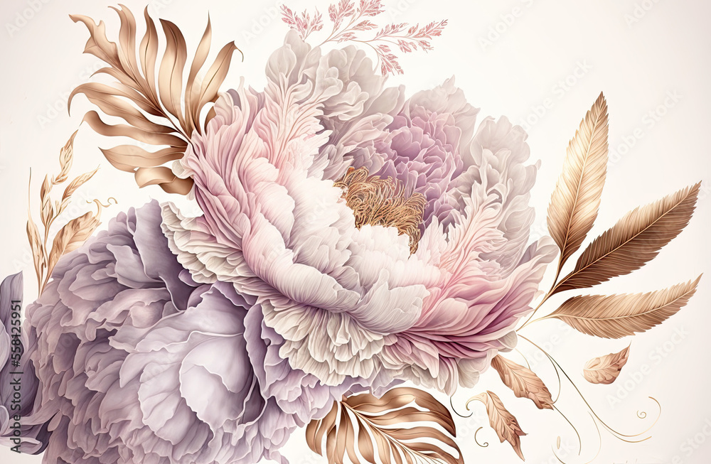 Luxury peonies in pale pink and mauve with slight gold touches, delicate winter pastel colors for your lavish floral greetings, illustration, generative art