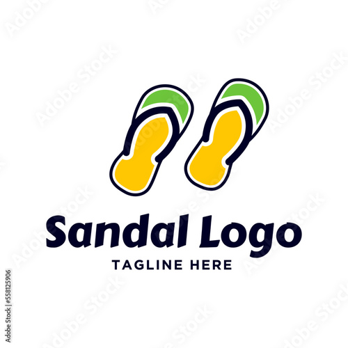  rubber flip flop logo template, vector illustration isolated on white background. Graphic side view flip flop, sandal logo design, vacation, holiday, downshifting concept 