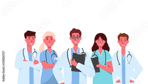 Set of doctor cartoon characters, hospital medical team concept in various poses. Vector Illustration