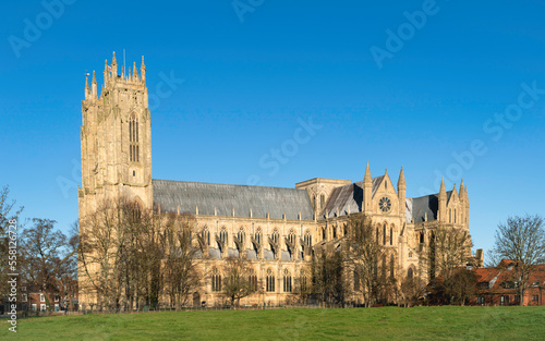 The ancient minster flanked by trees under blue clouds in summer. Beverley, UK.