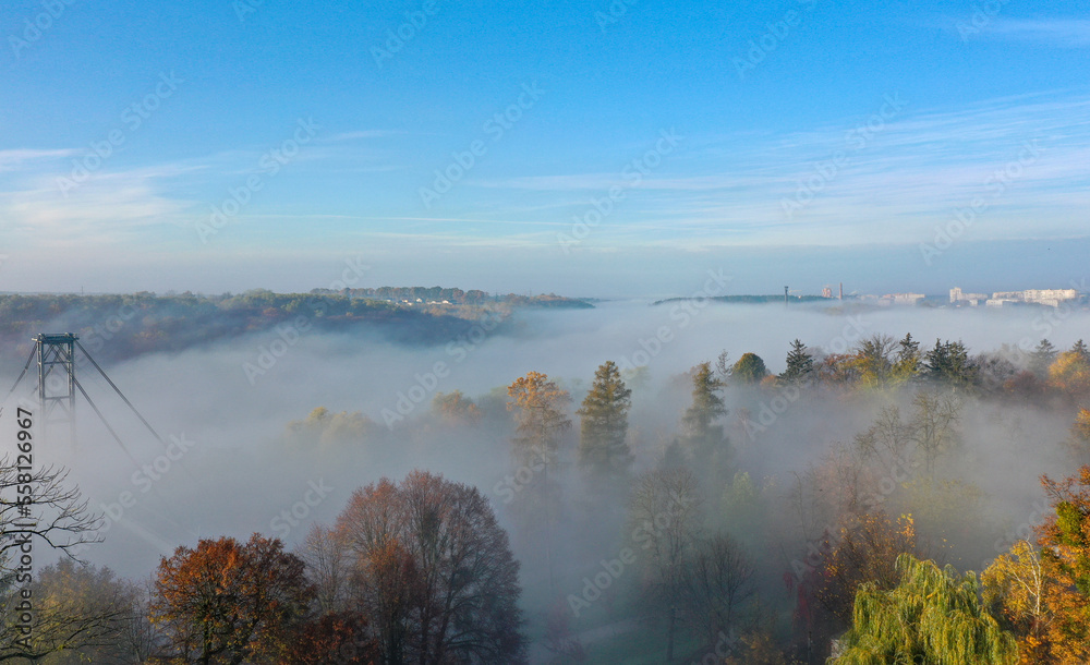 drone photo of thick morning fog on a frosty afternoon over trees and a bridge. Trees are orange