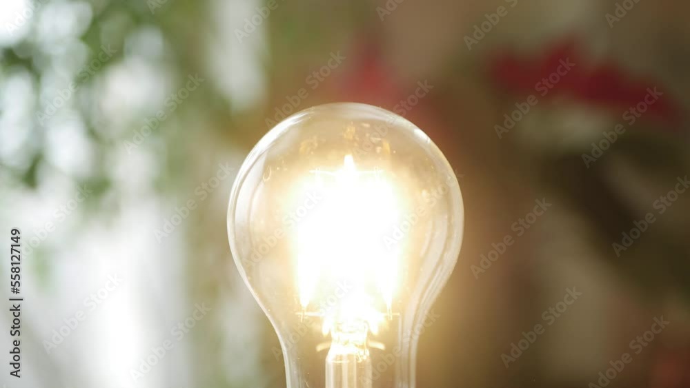 One Person Screws a Led Light Bulb in the Socket and Turn On the Light in the Room. Saving Energy Concept Using Led Bulb.