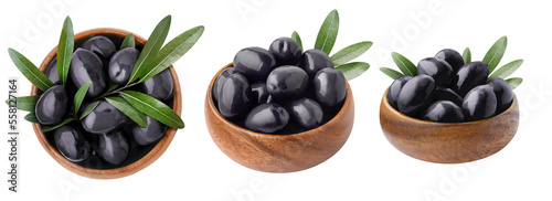 Wooden bowls with black olives collection, isolated on white background